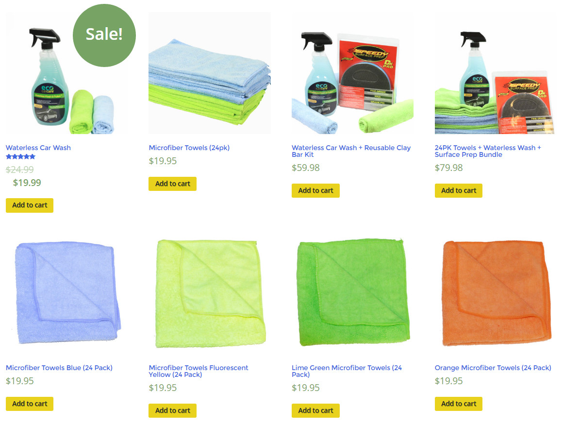 eco car care products, 32oz waterless car wash and wax spray, lime green micro fiber towels, blue microfiber towels, yellow microfiber towels, and waterless car wash towels and waterless car wash spray for sale online buy waterless car wash products
